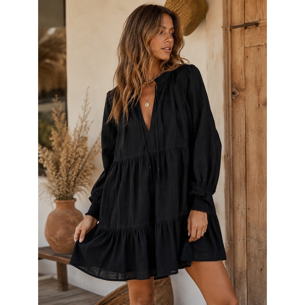 NWT Draper James Connie Dress Small Black Pane Plaid Cotton Tiered Mini #1487